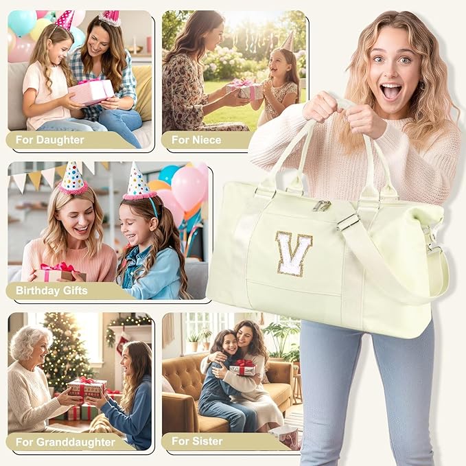 Dance Gym Duffel Bag for Teen Girls, Personalized Initial Travel Weekender Bag,Cute Overnight Carry On Duffle for Women,Sports Travel Cheer Bag,Monogram Christmas Gifts for Tween Preppy(beige-V)