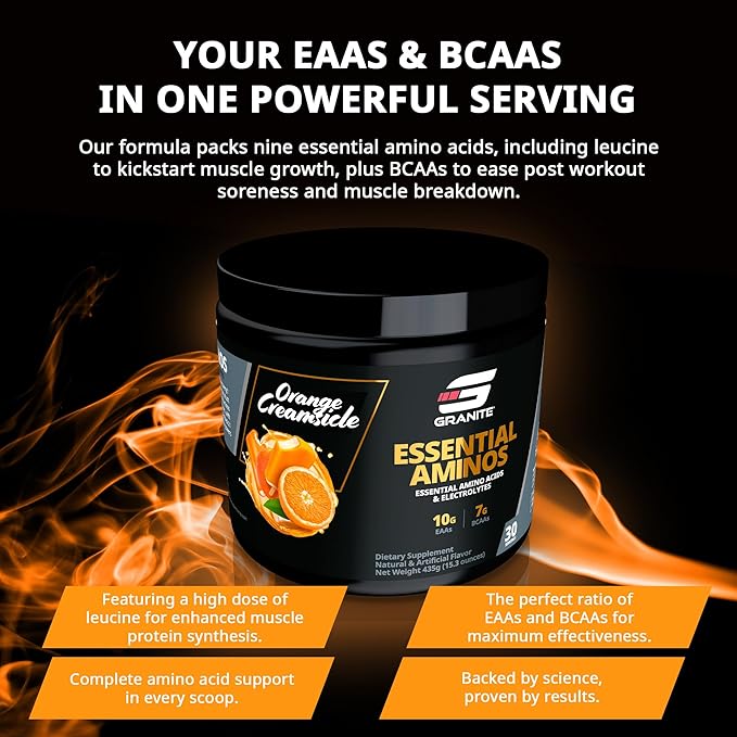 Granite Essential Amino Acids Powder for Muscle Recovery and Growth with 10g EAAs and 7g BCAAs - Soy-Free, Gluten-Free, 448g (30 Servings), Orange Creamsicle Flavor