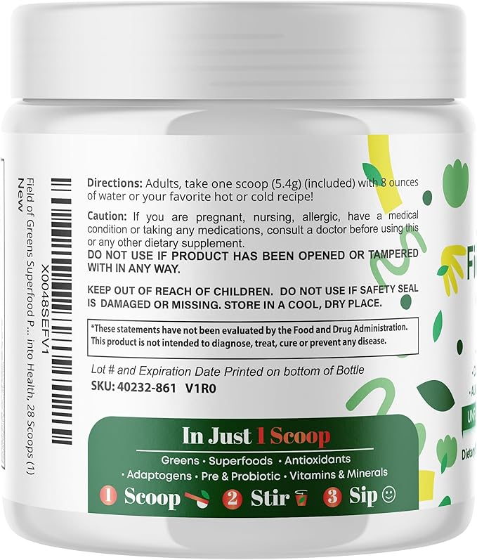 Field of Greens Superfood Powder with Organic Spirulina, Chlorella, Beet Root Powder - Bacillus Coagulans Probiotic, A Plant-Based Mix Supporting Gut Health, Immunity, 28 Scoops - Unflavored