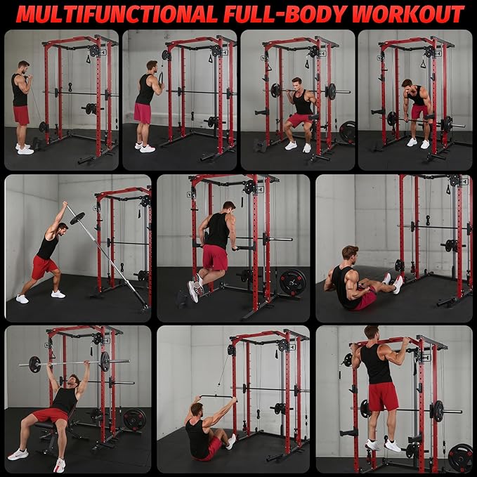 GarveeLife Power Cage, Smith Machine Squat Rack, Heavy Duty Power Rack for Home Gym with Pulley System, Dip Bar, LAT Pulldown, Multifunctional Squat Rack for Home Gym