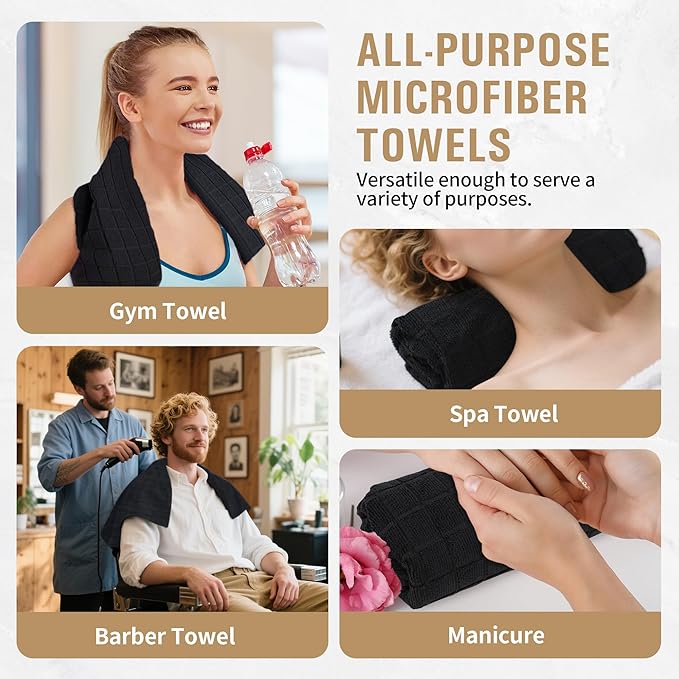 HOMERHYME Microfiber Salon Towel, 12 Pack Black Hand Towels for Bathroom, 16 by 27 Inches Bulk Quick Dry Absorbent Microfiber Hair Towels for Gym, Bath, Spa, Workout & Home Beauty Care