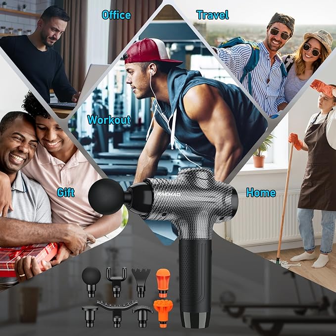 RAEMAO Massage Gun, Handheld Electric Deep Tissue Muscle Massager for Athletes for Pain Relief Attaching 8 Replacement Heads, Percussion Massager with 10 Speeds, Father's Day Gifts, Carbon