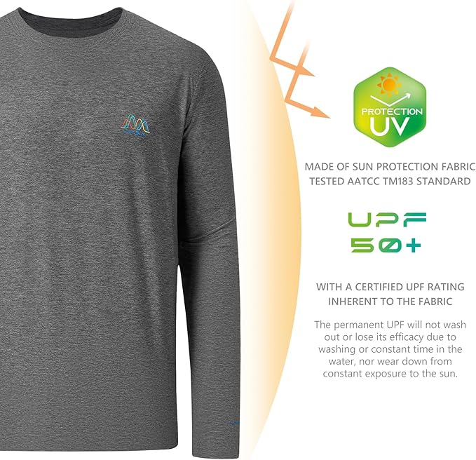 Men’s UPF 50+ Long Sleeve Performance T-Shirts Permanent UV Protective Quick Dry for Everyday Hiking Fishing Beach