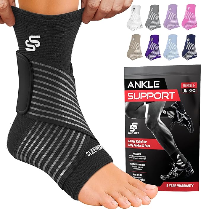 Sleeve Stars Ankle Brace for Women & Men, Ankle Wrap for Sprain, Compression Sleeve for Plantar Fasciitis Relief, Easy Customizable Support: w/ Removable Strap (Single/M:10"-12"/Black)