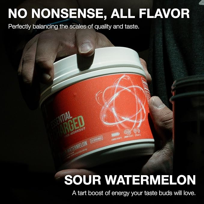 RAW Pre-Workout Powder, Essential CHARGED (Sour Watermelon) - Preworkout Supplement for Men & Women - Supports Focus, Mood & Performance - Caffeine, Alpha-GPC, L-Citrulline, Beta Alanine (25 Servings)