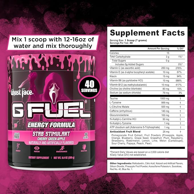 G Fuel Ghost Face Energy Drink Powder, Pre Workout Caffeine Mix for Gaming, Sugar Free Focus Amino, Vitamin + Antioxidants, 9.9oz (Cherry Green Apple, 40 Servings)