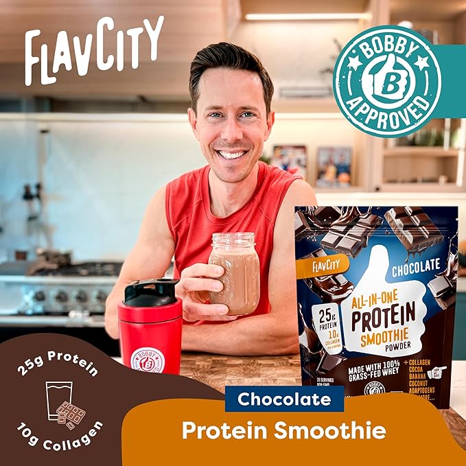 FlavCity Grass Fed Whey Chocolate Protein Powder - 25g Protein & 10g Collagen - Made with Organic Cocoa, Bananas & Coconut Milk - Gluten Free & No Added Sugars (20 Servings)