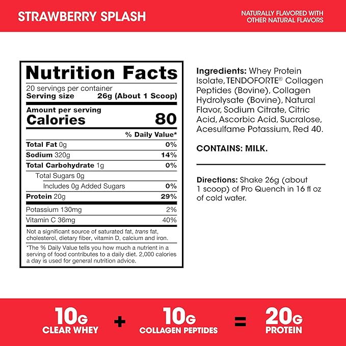 Optimum Nutrition Pro Quench, 10g Clear Protein, 10g Collagen peptides & Electrolyte Powder Drink Mix, Strawberry, 20 Servings, 520 Grams (Packaging May Vary)