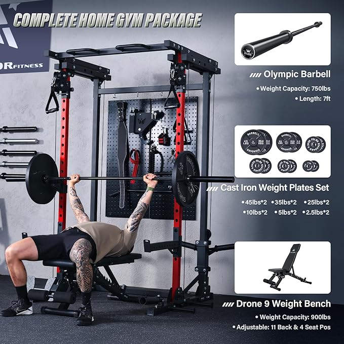 MAJOR FITNESS Drone3 Power Rack, Multi-Function Home Gym Squat Rack with Pull-Up Bar, Cable Crossover & J-Hooks, Heavy-Duty Steel Frame for Maximum Stability & Strength Training