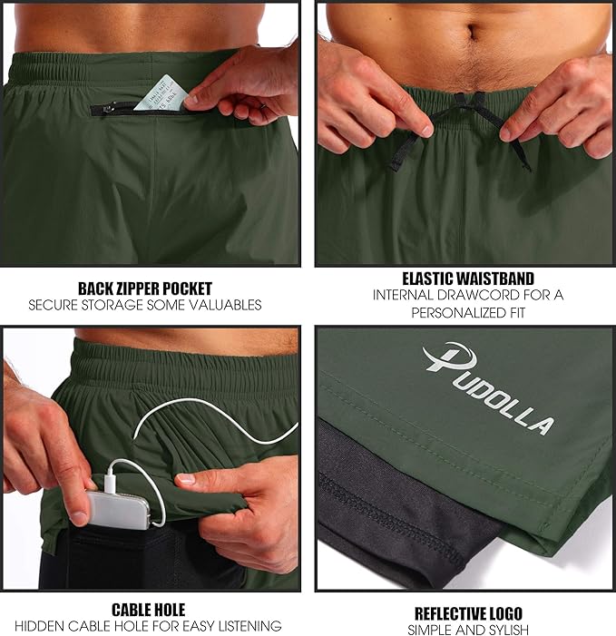 Pudolla Men’s 2 in 1 Running Shorts 5" Quick Dry Gym Athletic Workout Shorts for Men with Phone Pockets
