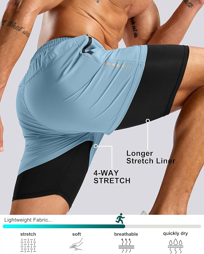 Pudolla Men's 7" Running Shorts with Zipper Pockets Quick Dry 2 in 1 Workout Gym Shorts with Liner for Tennis Yoga Training