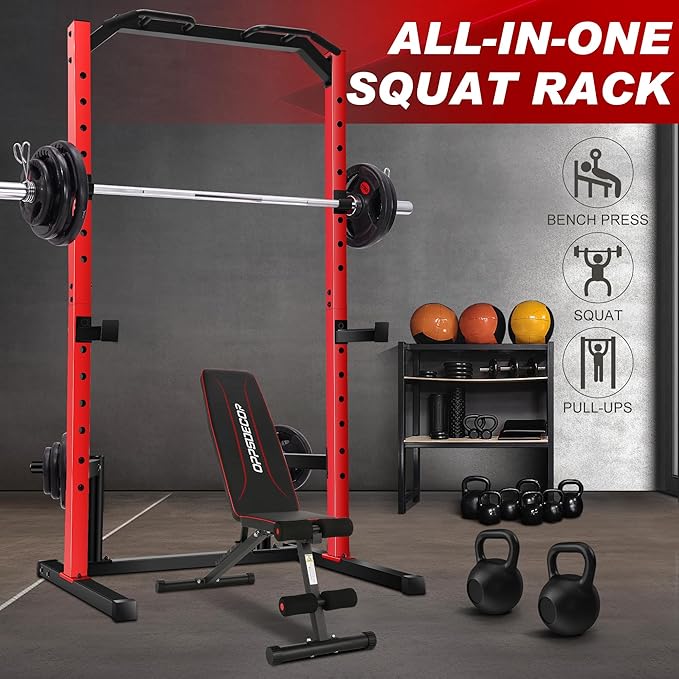 OPPSDECOR Power Cage Power Rack with LAT Pull Down Pulley System& Cable Row, Weight Cage with More Training Attachments, Multi-Functional Squat Rack for Home Gym System