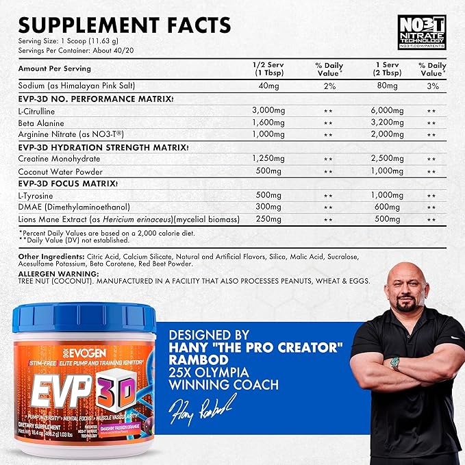 Evogen EVP 3D - Stim Free Pre Workout Powder for Men & Women | Sugar Free Non Stim Preworkout with Beta Alanine and Creatine for Energy & Pump | Orange | 40 Servings