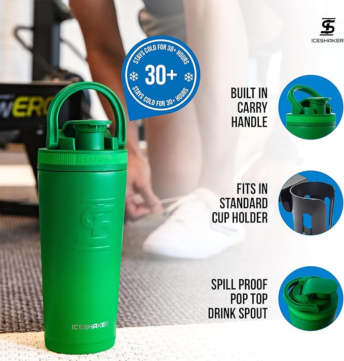 Ice Shaker Insulated Stainless Steel Shaker Bottle | 26oz, Green Color Rush | Cold for 24+ Hours | Insulated Cup with Twist-on Agitator | Odor-Free Bottle for Shakes, Water, Smoothies, Cocktails