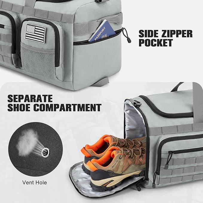 G4Free 3-in-1 Travel Duffle Bag for Men and Women, 50L Large Gym Sports Bags Tactical Military Duffle Backpack with Shoes Compartment and Wet Pocket (Grey)