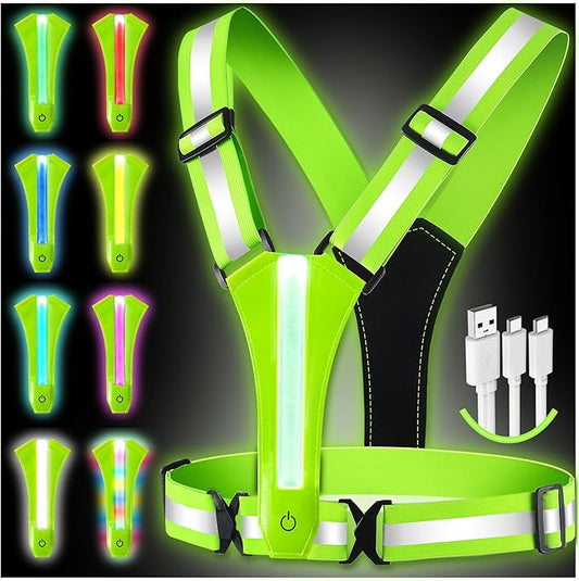 LED Reflective Vest Running Gear, 8 Lights Colors Illuminated, USB-C Rechargeable, High Visibility Safety Vest with Adjustable Waist/Shoulder, Light Up Vest for Night Dog Walking Cycling