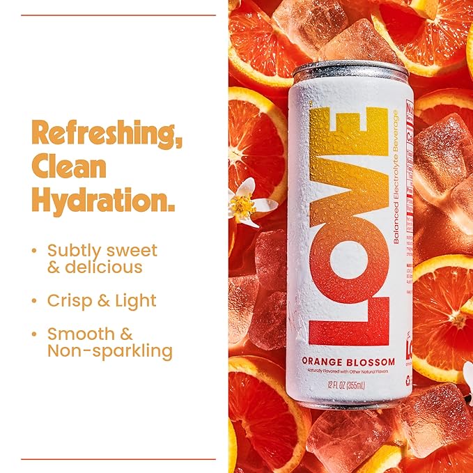 Be LOVE Balanced Electrolyte Beverage with Magnesium, Potassium & Sodium - Purified Still Beverage for Daily Hydration, Exercise, Work & Wellness- Zero Sugar, Gluten Free (Orange Blossom, 12oz x 12ct)