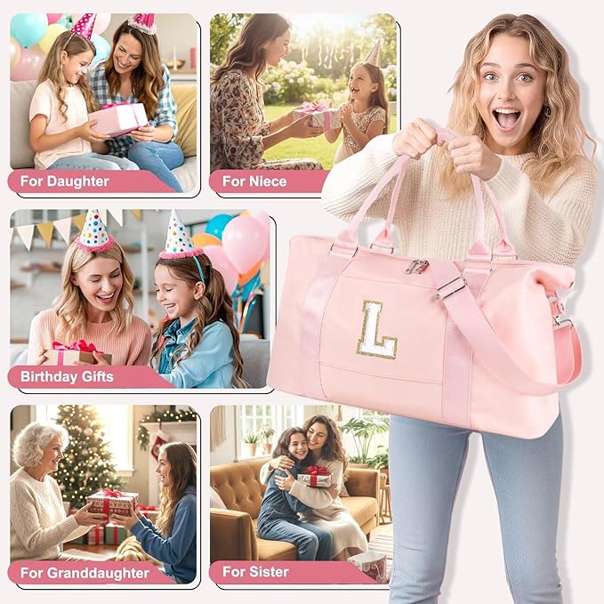 Dance Gym Duffel Bag for Teen Girls, Personalized Initial Travel Weekender Bag,Cute Overnight Carry On Duffle for Women,Sports Travel Cheer Bag,Monogram Christmas Gifts for Tween Preppy(pink-L)