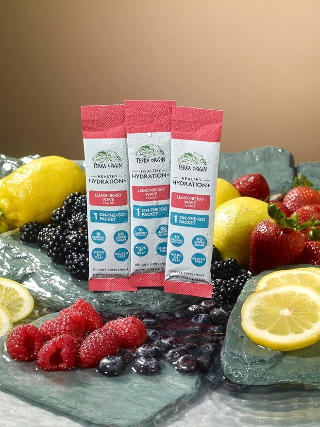 TERRA ORIGIN Healthy Hydration+ Weekend Recovery | 30 Packets | Zero Sugar Powder Drink for Energy and Recovery | Lemonberry Wave