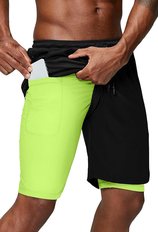 Pinkbomb Men's 2 in 1 Running Shorts Gym Workout Quick Dry Mens Shorts with Phone Pocket