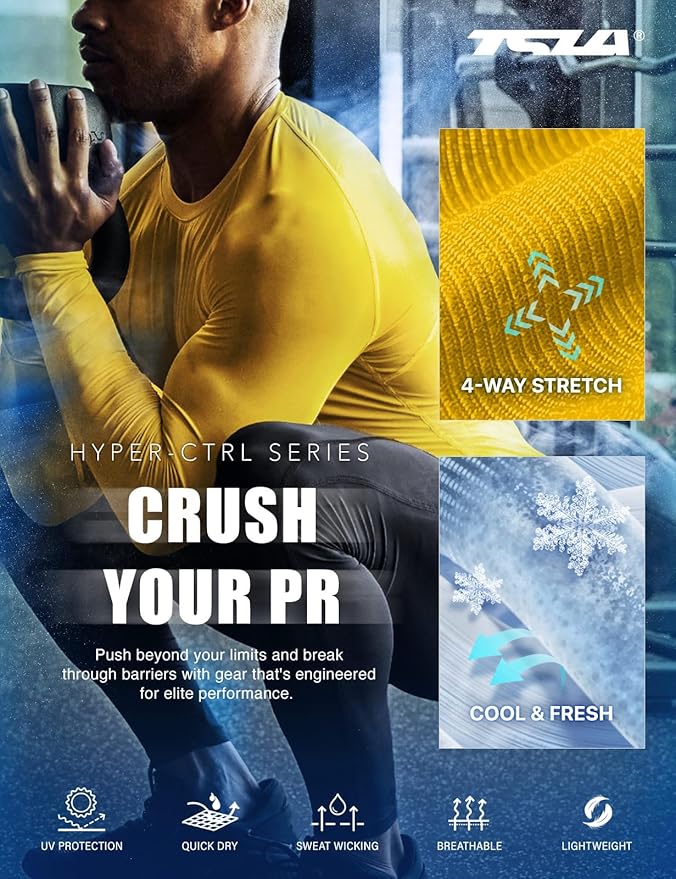 TSLA Men's UPF 50+ Compression Shirts, Cool Dry Long Sleeve Athletic Tops, Sports Baselayer Workout Shirt