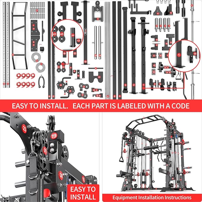 Smith Machine with Cable Crossover System, Multi-Function Squat Rack Power Cage for Home Gym, Power Rack and Packages Weight Sets