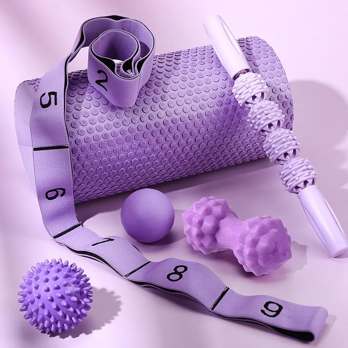 6Pcs Foam Roller Set Includes Peanut Massage Ball, Back Roller, Massage Roller Stick, 2Foot Stretching Strap, and Fasciitis Ball for Exercise Physical Body Therapy Yoga Massager (Purple)