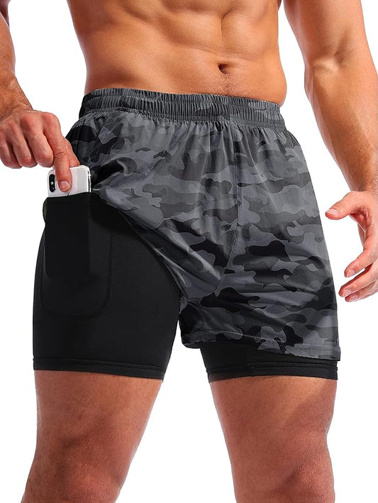 Pudolla Men’s 2 in 1 Running Shorts 5" Quick Dry Gym Athletic Workout Shorts for Men with Phone Pockets