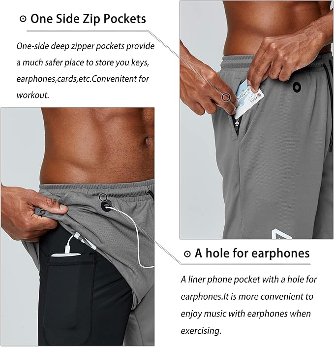Pinkbomb Men's 2 in 1 Running Shorts Gym Workout Quick Dry Mens Shorts with Phone Pocket