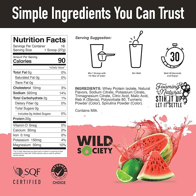 WILD SOCIETY - Clear Whey Protein + Electrolytes - Refreshing Whey Protein Isolate Powder - 20g Protein, 0 Added Sugar, GMO-Free, Natural Flavors & Colors - Watermelon Lime, 16 oz