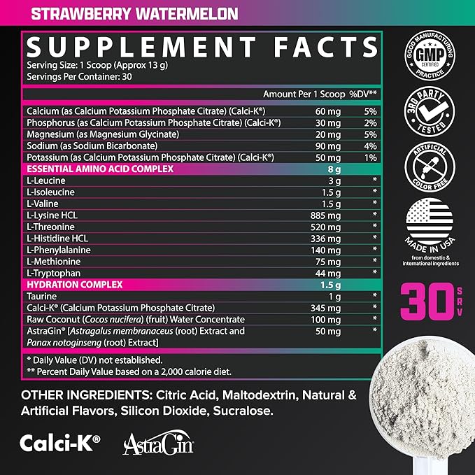 Nutrex Research EAA Hydration | EAAs + BCAA Powder | Muscle Recovery, Strength, Muscle Building, Endurance | 8G Essential Amino Acids + Electrolytes | Strawberry Watermelon 30 Serving