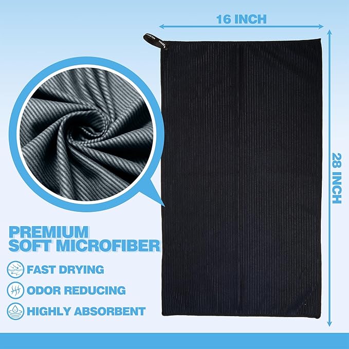 Microfiber Gym Towels with Snap Straps, Yoga Towel for Home and Gym, 16 Inch x 28 Inch, 6 Pack (Black, 16" x 28")