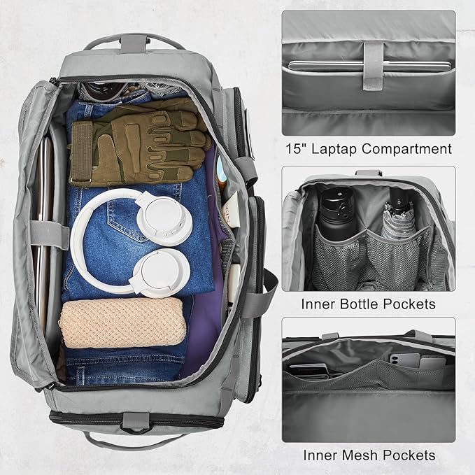 G4Free 3-in-1 Travel Duffle Bag for Men and Women, 50L Large Gym Sports Bags Tactical Military Duffle Backpack with Shoes Compartment and Wet Pocket (Grey)