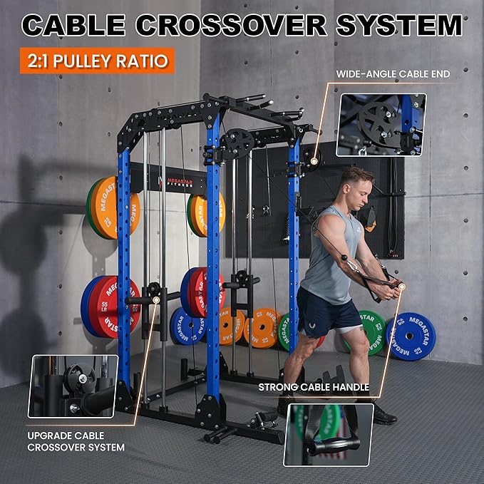 Power Rack for Home Gym – 2000LB Capacity Multifunction Squat Rack with Cable Crossover, Includes 16 Professional attachments for Home Gym Strength Training, P63 Rampage