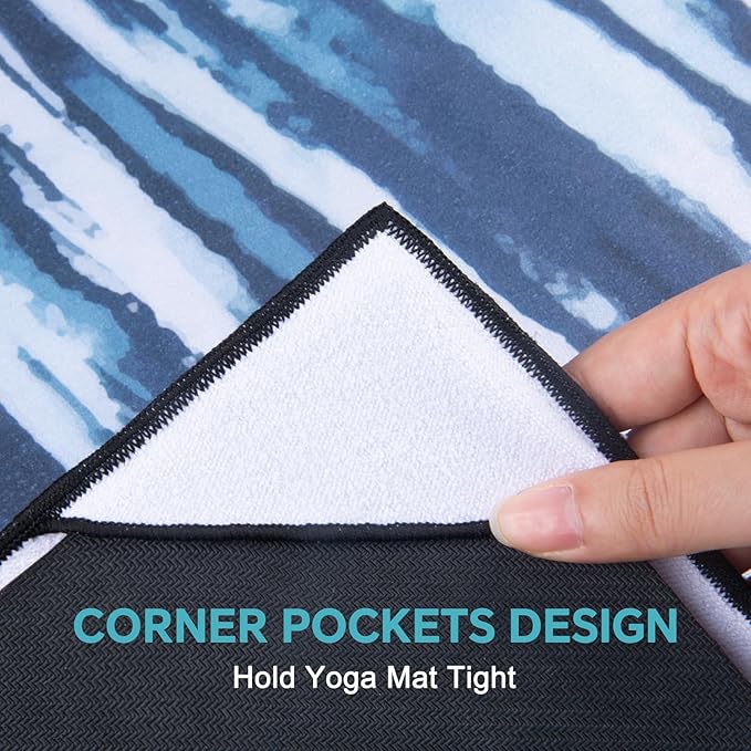 QiyI Yoga Mat Towel with Corner Pockets, Non Slip Sweat Absorbent Hot Yoga Towels, Soft Yoga Blankets with Travel Bag, Skidless Mat Cover for Workout, Gym, Fitness - 70"x26", Blue White Tie Dye