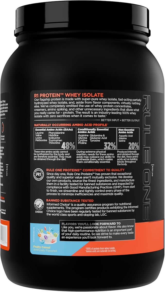 Rule 1 R1 Protein Whey Isolate - with 25g Protein & 6g BCAA Exclusively from Isolated & Hydrolyzed Sources for Workout Recovery (2 Pounds*, Fruity Cereal)