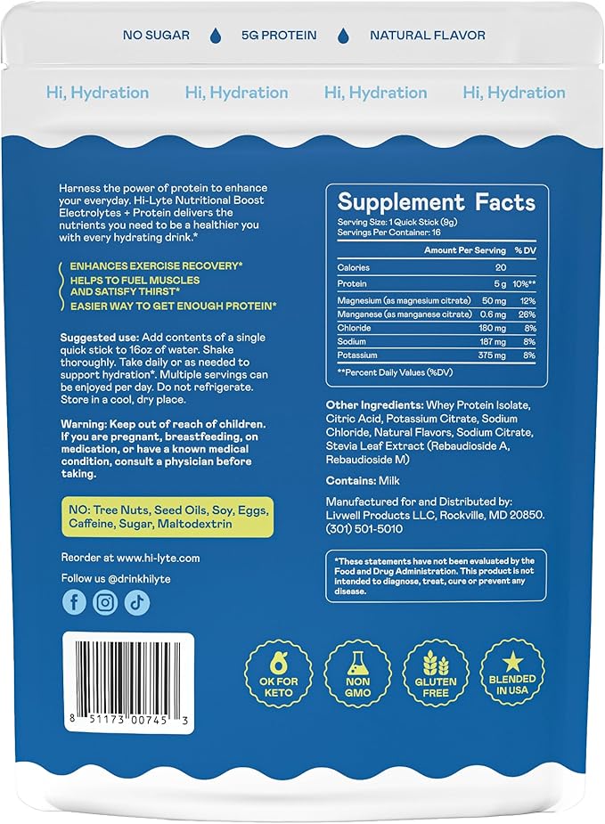Hi-Lyte Electrolytes + Protein Quick Sticks Crisp Apple, 16 Servings - Sodium, Potassium, Whey Protein - Keto Friendly - 5g Protein, No Sugar
