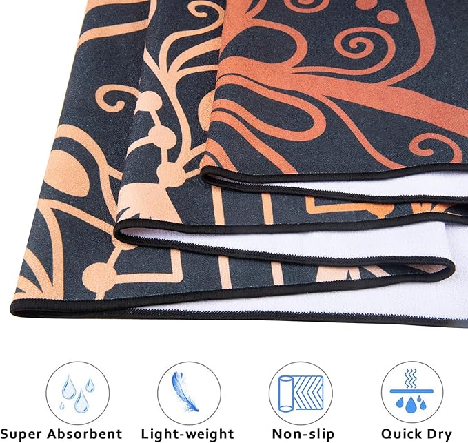 QiyI Yoga Mat Towel with Corner Pockets, Non Slip Sweat Absorbent Hot Yoga Towels, Soft Yoga Blankets with Travel Bag, Skidless Mat Cover for Workout, Gym, Fitness - 70"x26", Luxury Golden Mandala
