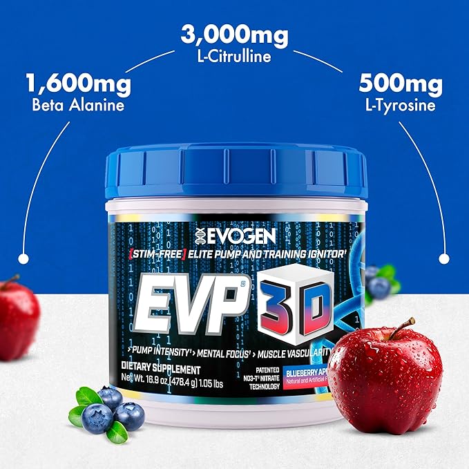 Evogen EVP 3D - Stim Free Pre Workout Powder for Men & Women | Sugar Free Non Stim Preworkout with Beta Alanine and Creatine for Energy & Pump | Blueberry Apple | 40 Servings