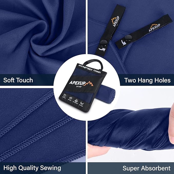 APEXUP Microfiber Travel Towel, Ultra Absorbent Quick Dry Towels, Lightweight Gym Sports Camping Towel for Workout, Yoga, Beach, Shower, Swimming (48"×24", Navy Blue)