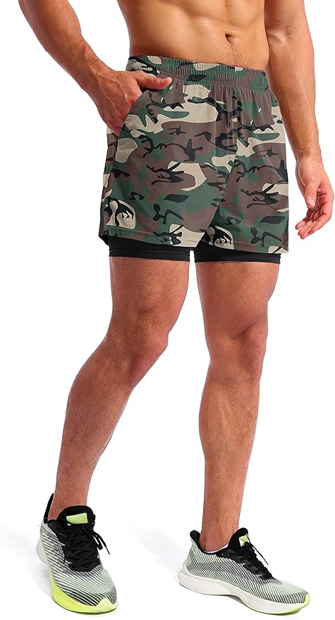Pudolla Men’s 2 in 1 Running Shorts 5" Quick Dry Gym Athletic Workout Shorts for Men with Phone Pockets