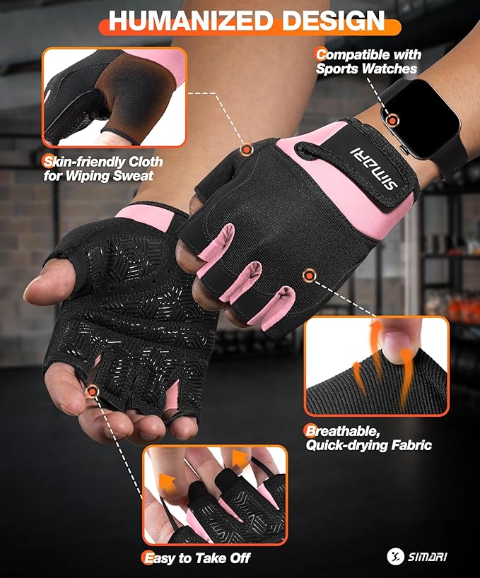 SIMARI Breathable Workout Gloves for Men & Women, Weight Lifting Gloves with Padded, Grip, Full Palm Protection, Gift for Gym Exercise, Cycling, Weightlifting Training, Fitness, Black, Pink, Size