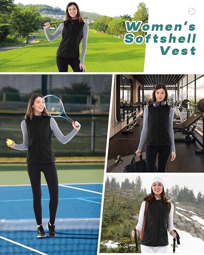 Outdoor Ventures Women's Hooded Lightweight Softshell Vest, Windproof Fleece Lined Sleeveless Jacket for Golf Running Travel