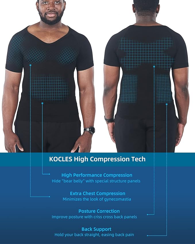KOCLES Gynecomastia Compression Shirts for Men, Shapewear Slimming Body Shaper Undershirt, V-Neck Baselayer T-Shirt Workout