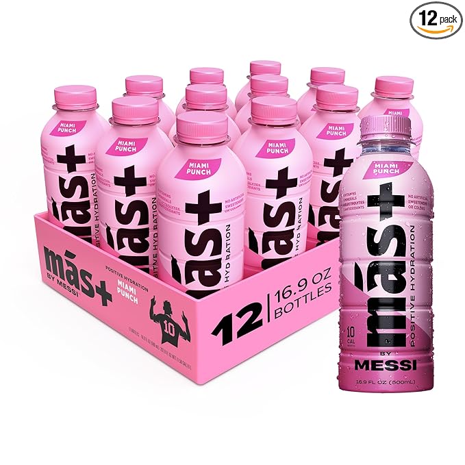 Más+ by Messi 16.9oz Miami Punch, Sports Drink & Hydration Beverage, Natural Flavors with Vitamins and Electrolytes, No Artificial Sweeteners or Colors, 12-pack