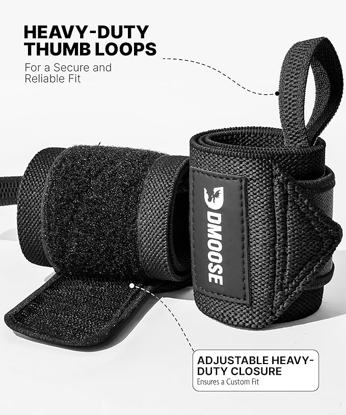 DMoose Fitness Wrist Wraps for Weightlifting 18" - Heavy Duty Gym Wrap with Hand Thumb Loop for Support & Pain Relief, USPA Approved Powerlifting, Weight Lifting Wrist Straps for Men & Women Work Out