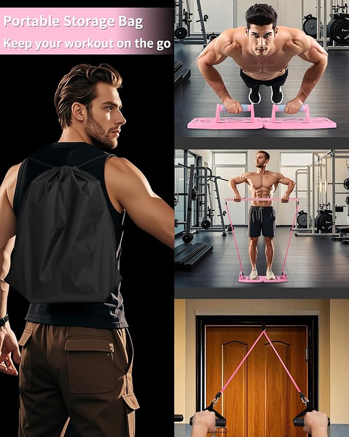 Home Gym Exercise Equipment - Portable Workout System 17 Fitness Accessories 9 in1 Push Up Board Set, Resistance Bands with Pilates Bar Strength Training Abs Shoulders