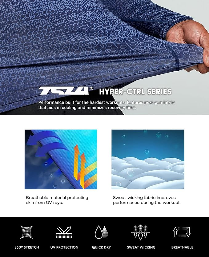 TSLA Men's UPF 50+ Compression Shirts, Cool Dry Long Sleeve Athletic Tops, Sports Baselayer Workout Shirt