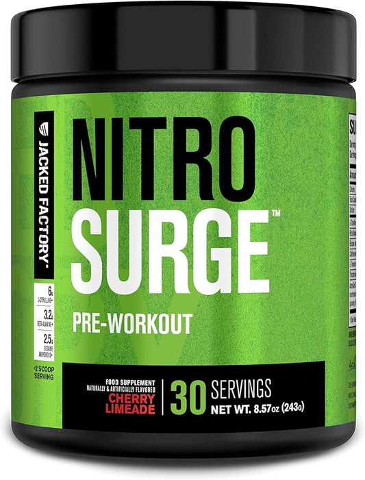 Jacked Factory NITROSURGE Pre Workout Supplement - Endless Energy, Instant Strength Gains, Clear Focus, Intense Pumps - NO Booster & Preworkout Powder with Beta Alanine - 30 Servings, Cherry Limeade