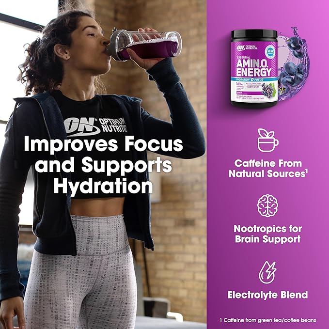 Optimum Nutrition Amino Energy Powder Plus Focus, with BCAA, Electrolytes, and Caffeine, Grape, 30 Servings (Packaging May Vary)